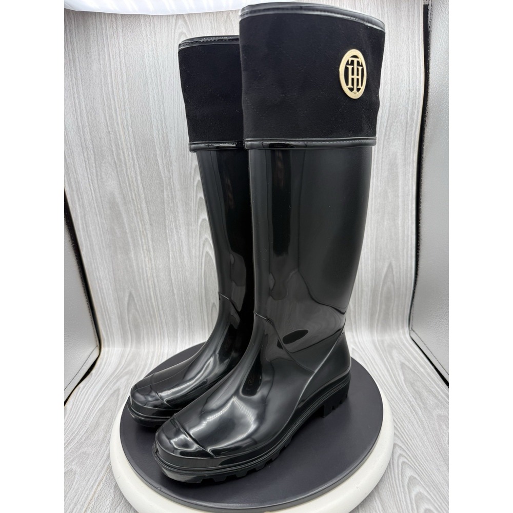 Tommy Hilfiger Shiner Womens Size 8M Black Shiny Knee High Waterproof Rain Boots